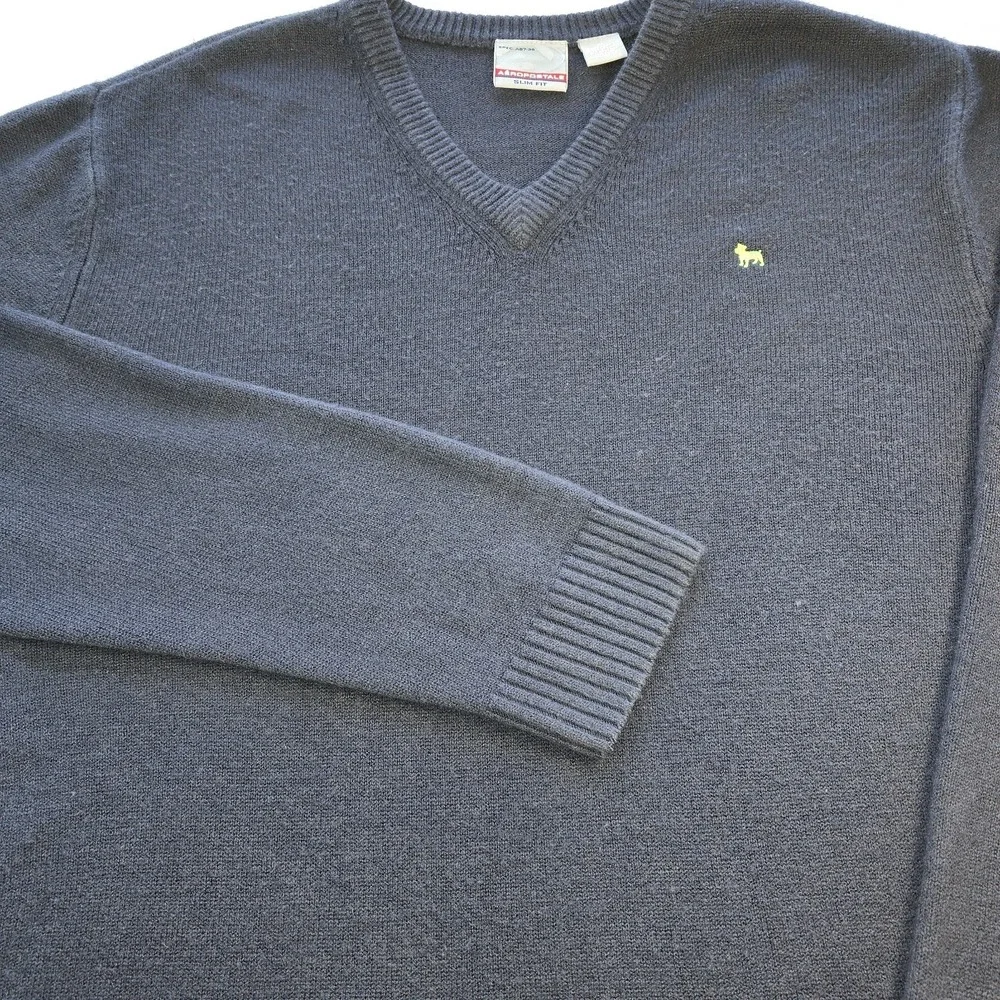Aeropostale Mens XL V-Neck Sweater‎ Gray Acrylic Slim Fit Y2K Retro Embroidered